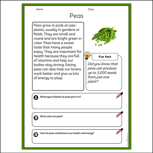 Peas | Reading Passage Comprehension Questions Writing Facts Worksheet