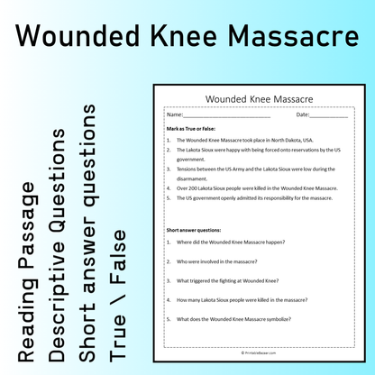 Wounded Knee Massacre | Reading Comprehension Passage Printable Worksheet