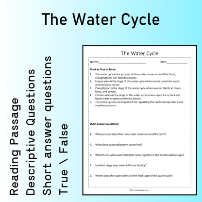 The Water Cycle | Reading Comprehension Passage Printable Worksheet