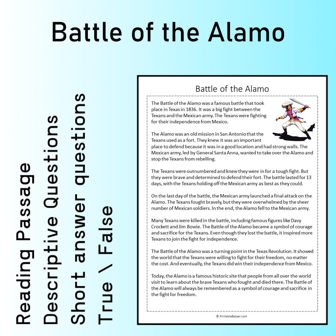 Battle of the Alamo | Reading Comprehension Passage Printable Worksheet
