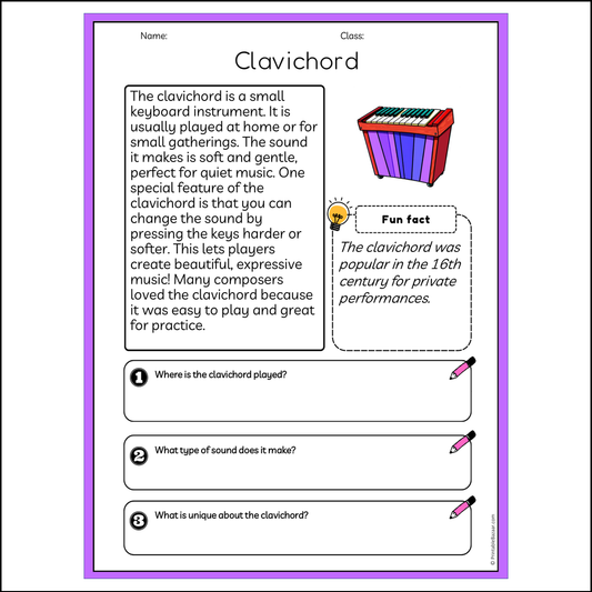 Clavichord | Reading Passage Comprehension Questions Writing Facts Worksheet