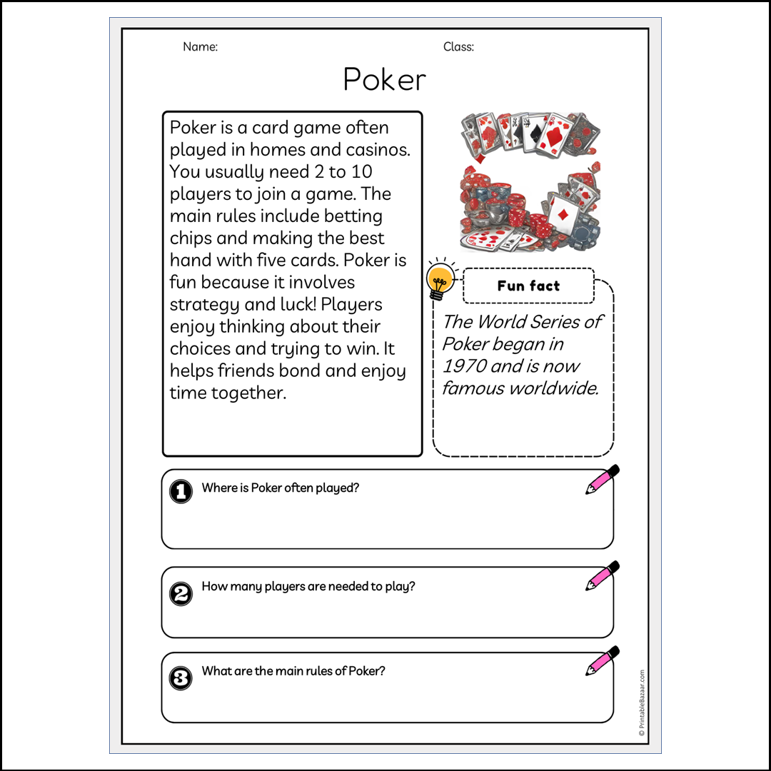 Poker | Reading Passage Comprehension Questions Writing Facts Worksheet