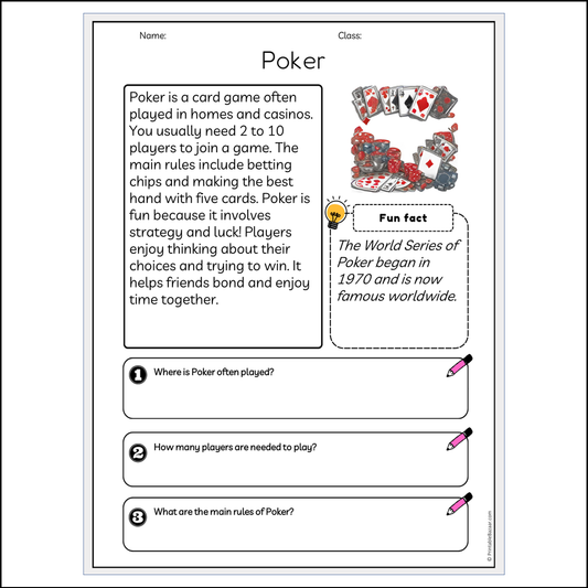 Poker | Reading Passage Comprehension Questions Writing Facts Worksheet