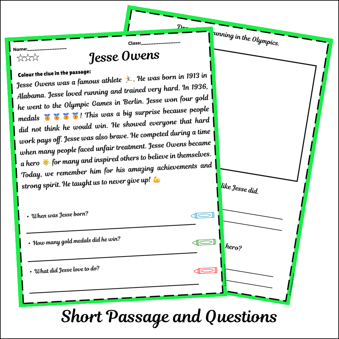 Jesse Owens | Short Reading Comprehension Creative Worksheet