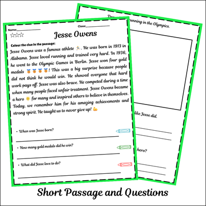 Jesse Owens | Short Reading Comprehension Creative Worksheet