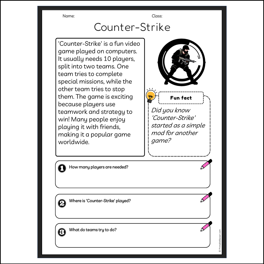 Counter-Strike | Reading Passage Comprehension Questions Writing Facts Worksheet