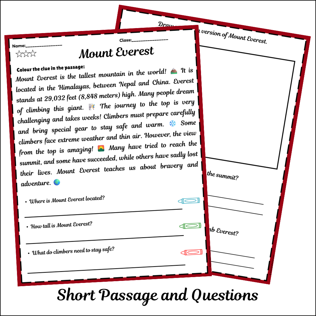 Mount Everest | Short Reading Comprehension Creative Worksheet