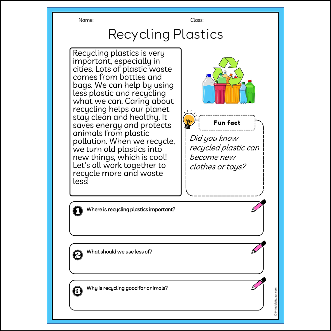 Recycling Plastics | Reading Passage Comprehension Questions Writing Facts Worksheet