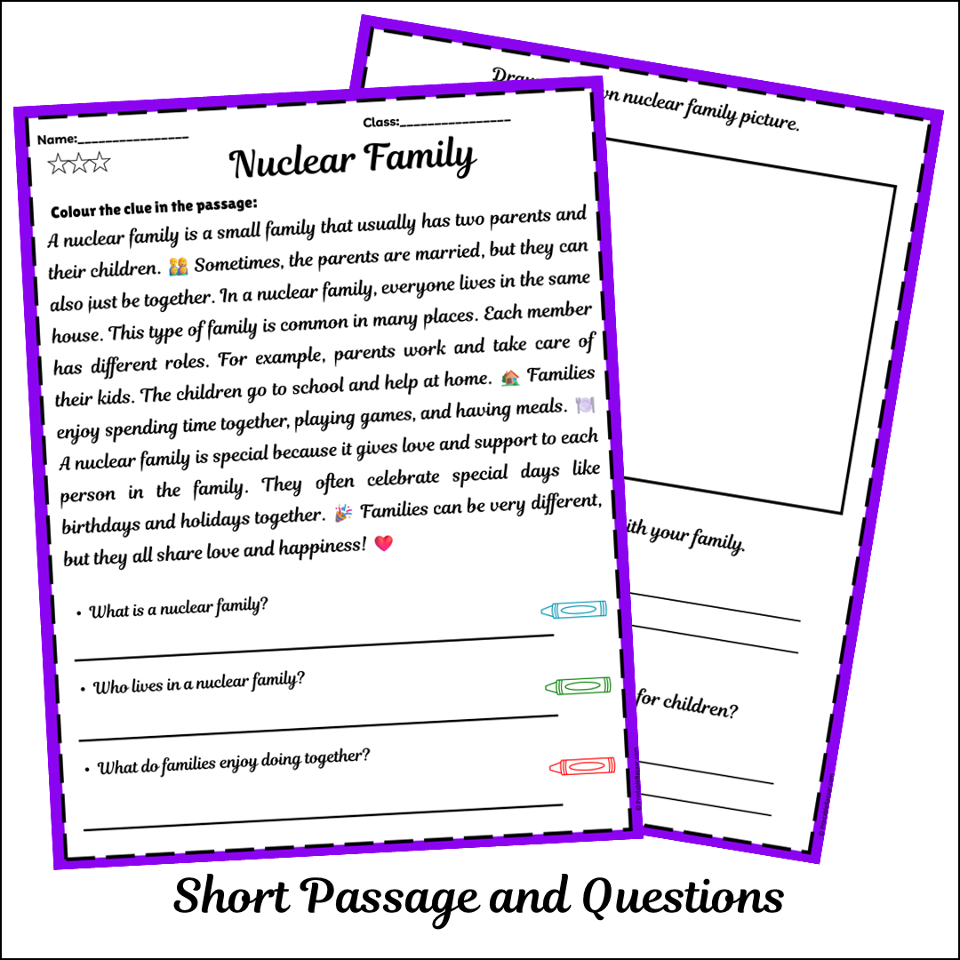 Nuclear Family | Short Reading Comprehension Creative Worksheet