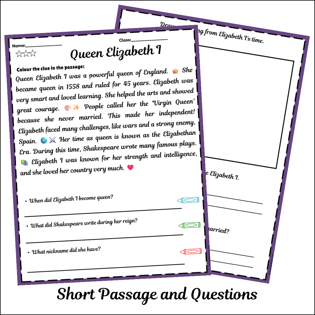 Queen Elizabeth I | Short Reading Comprehension Creative Worksheet