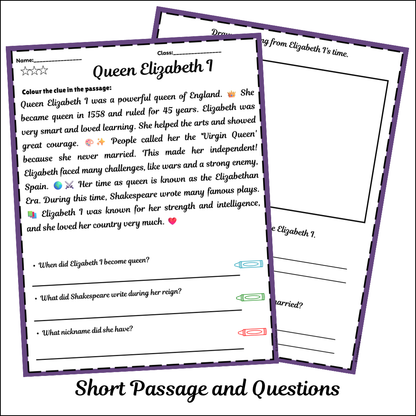 Queen Elizabeth I | Short Reading Comprehension Creative Worksheet