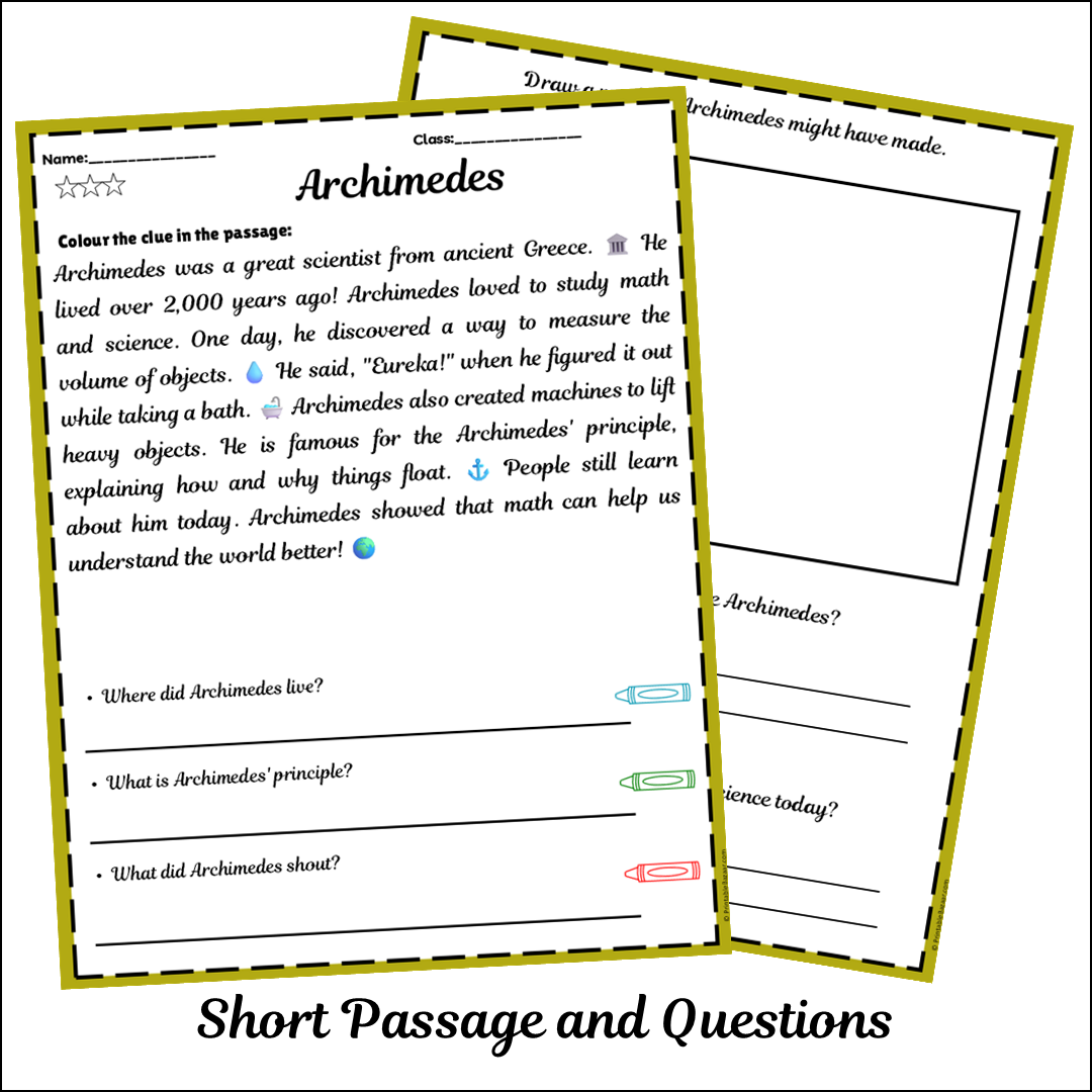 Archimedes | Short Reading Comprehension Creative Worksheet