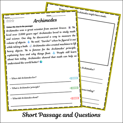 Archimedes | Short Reading Comprehension Creative Worksheet