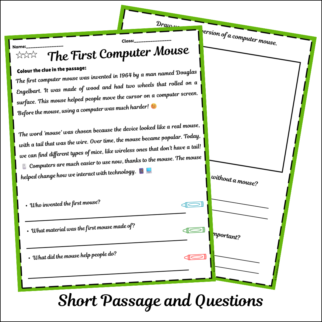 The First Computer Mouse | Short Reading Comprehension Creative Worksheet