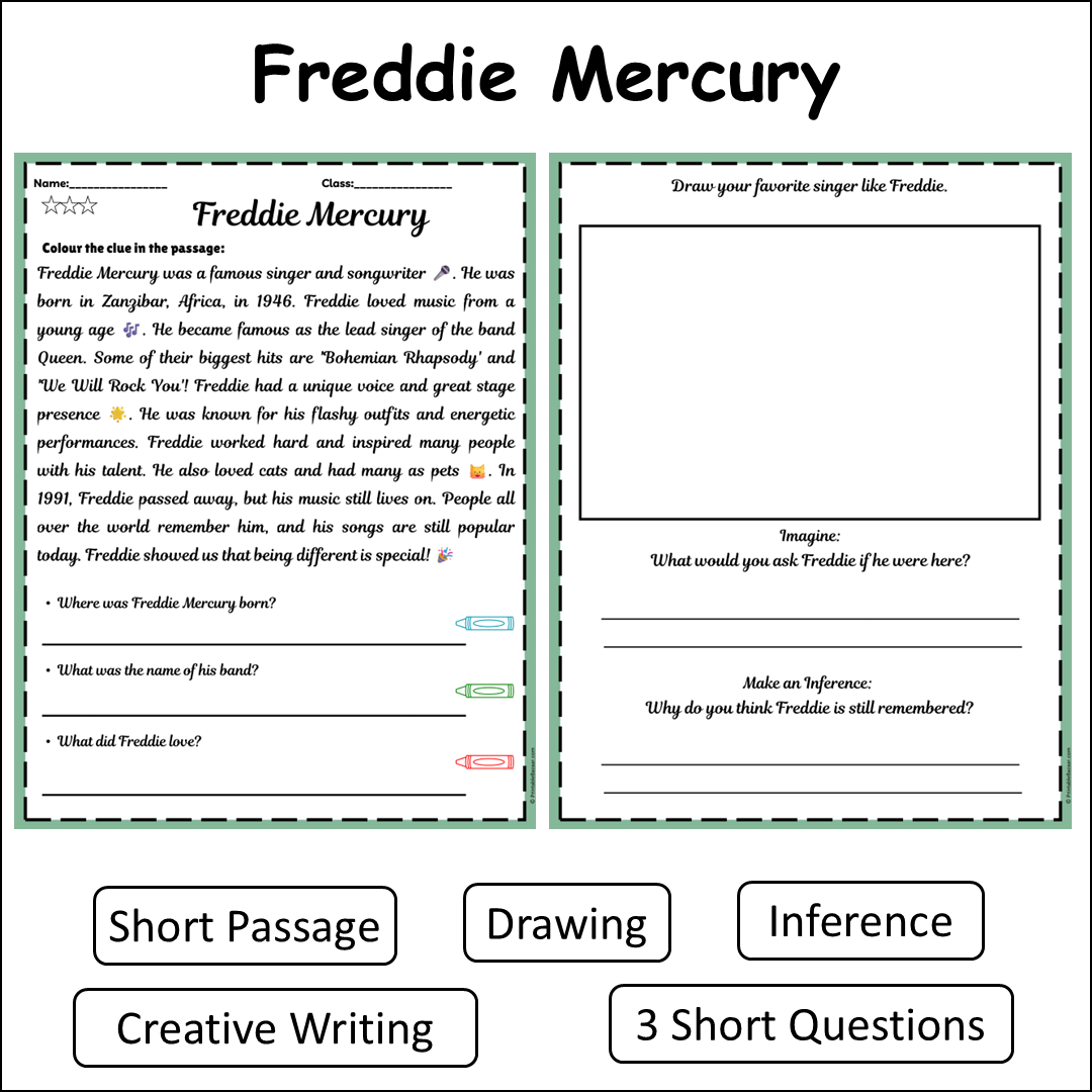 Freddie Mercury | Short Reading Comprehension Creative Worksheet
