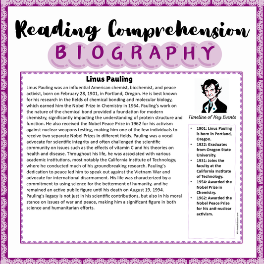 Linus Pauling | Biography Reading Comprehension and Questions Worksheet