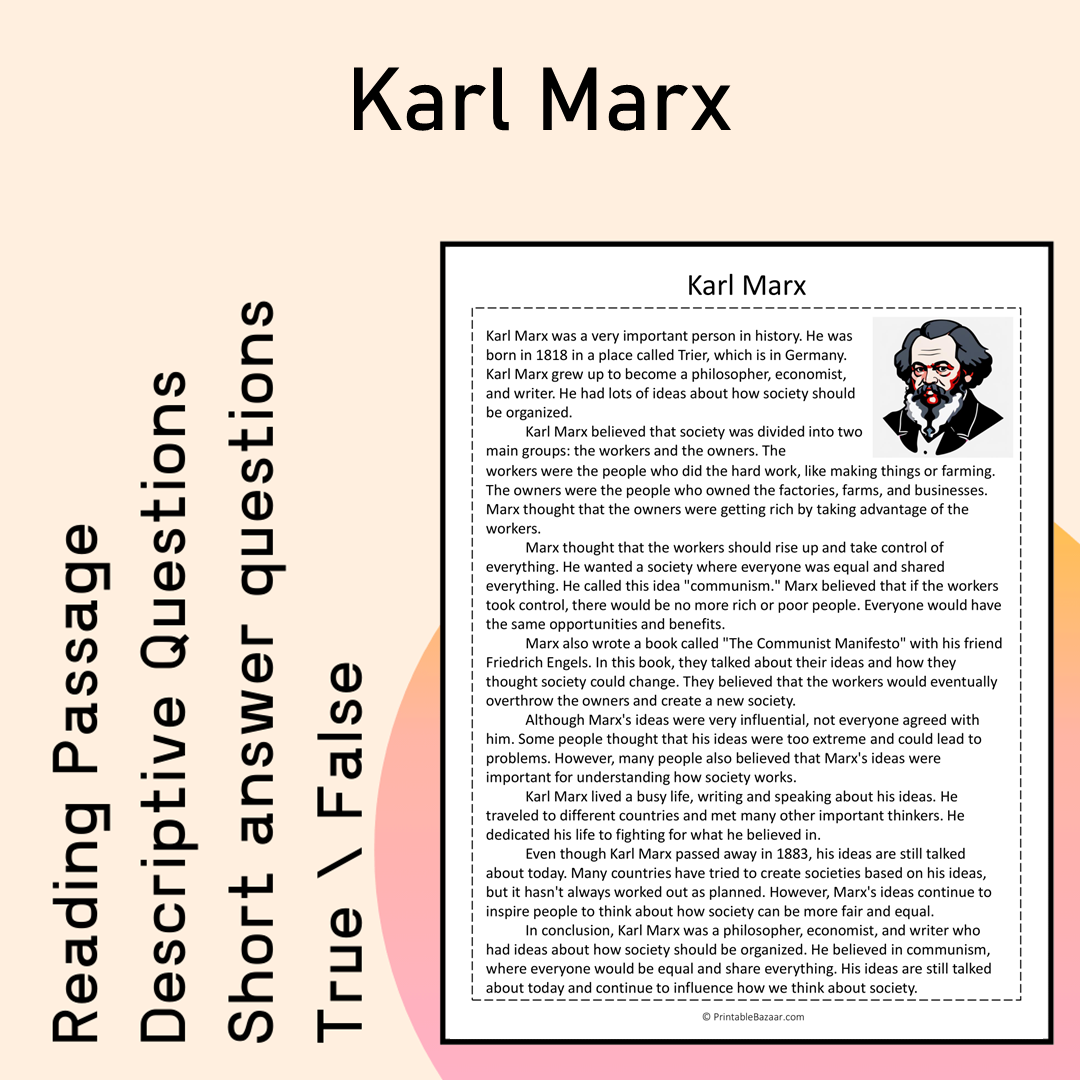 Karl Marx | Reading Comprehension Passage Printable Activity