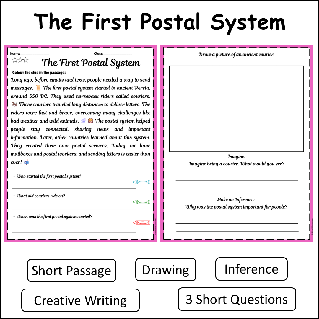 The First Postal System | Short Reading Comprehension Creative Worksheet