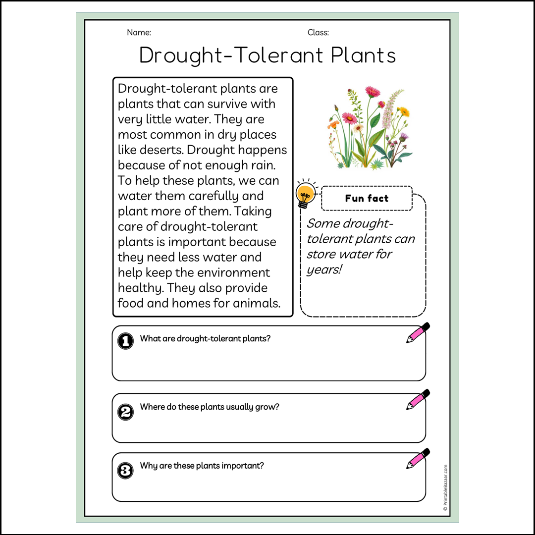 Drought-Tolerant Plants | Reading Passage Comprehension Questions Writing Facts Worksheet