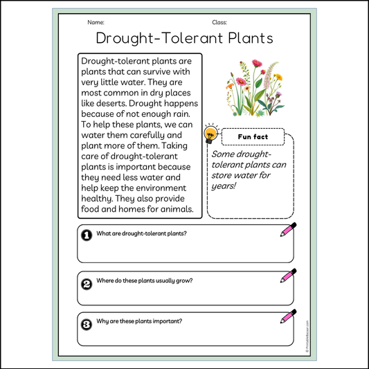 Drought-Tolerant Plants | Reading Passage Comprehension Questions Writing Facts Worksheet