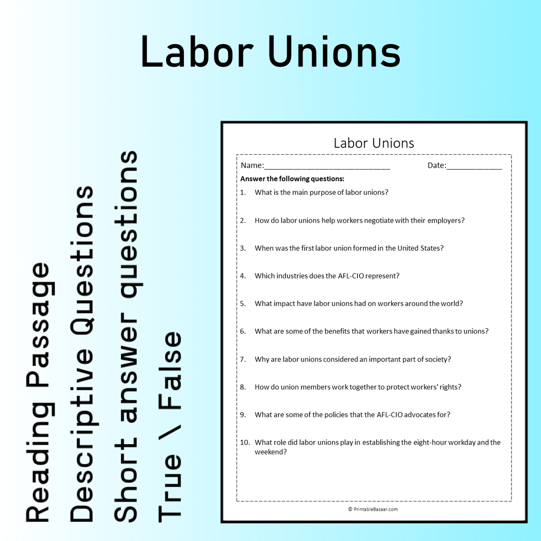 Labor Unions | Reading Comprehension Passage Printable Worksheet