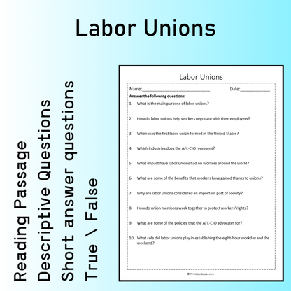 Labor Unions | Reading Comprehension Passage Printable Worksheet