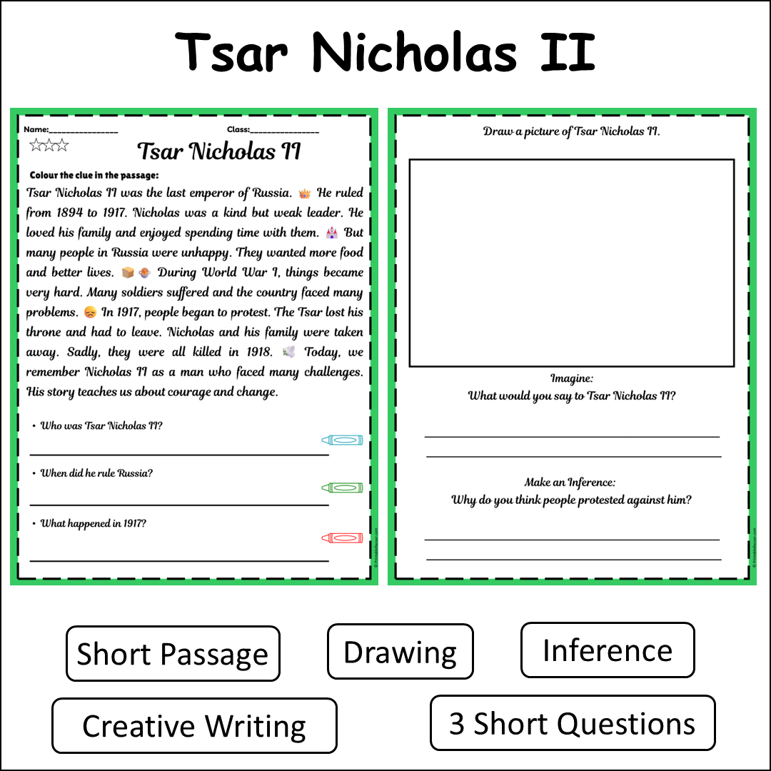 Tsar Nicholas II | Short Reading Comprehension Creative Worksheet