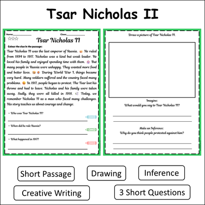 Tsar Nicholas II | Short Reading Comprehension Creative Worksheet