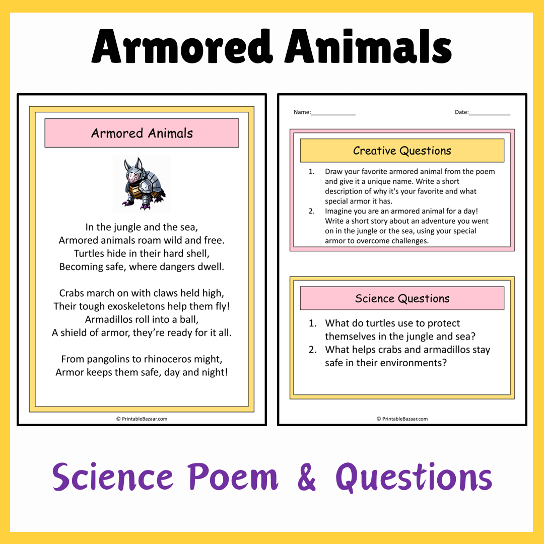 Armored Animals | Science Poem Reading Comprehension Activity