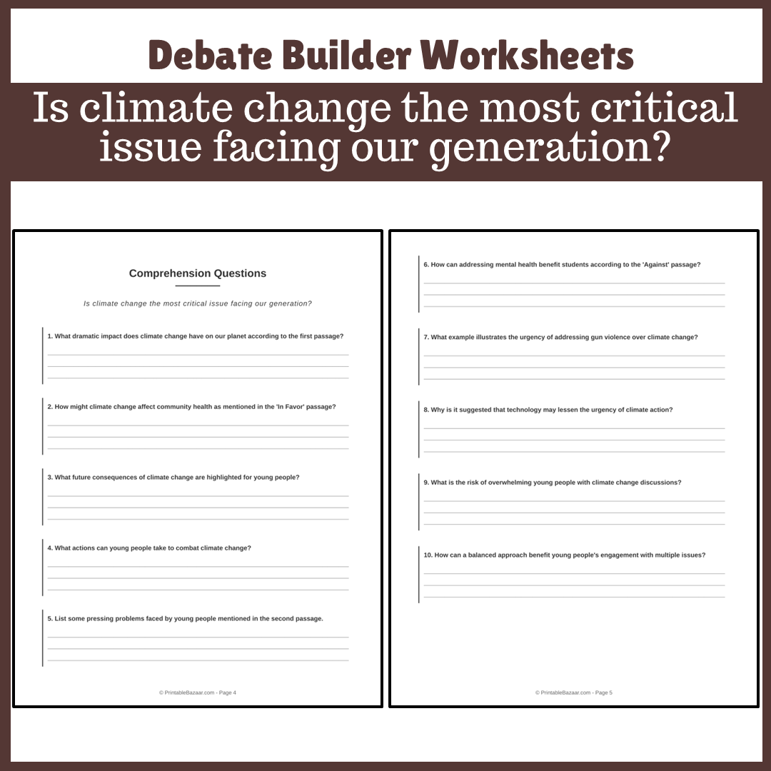 Is climate change the most critical issue facing our generation? | Favour and Against Worksheet Printable Activity