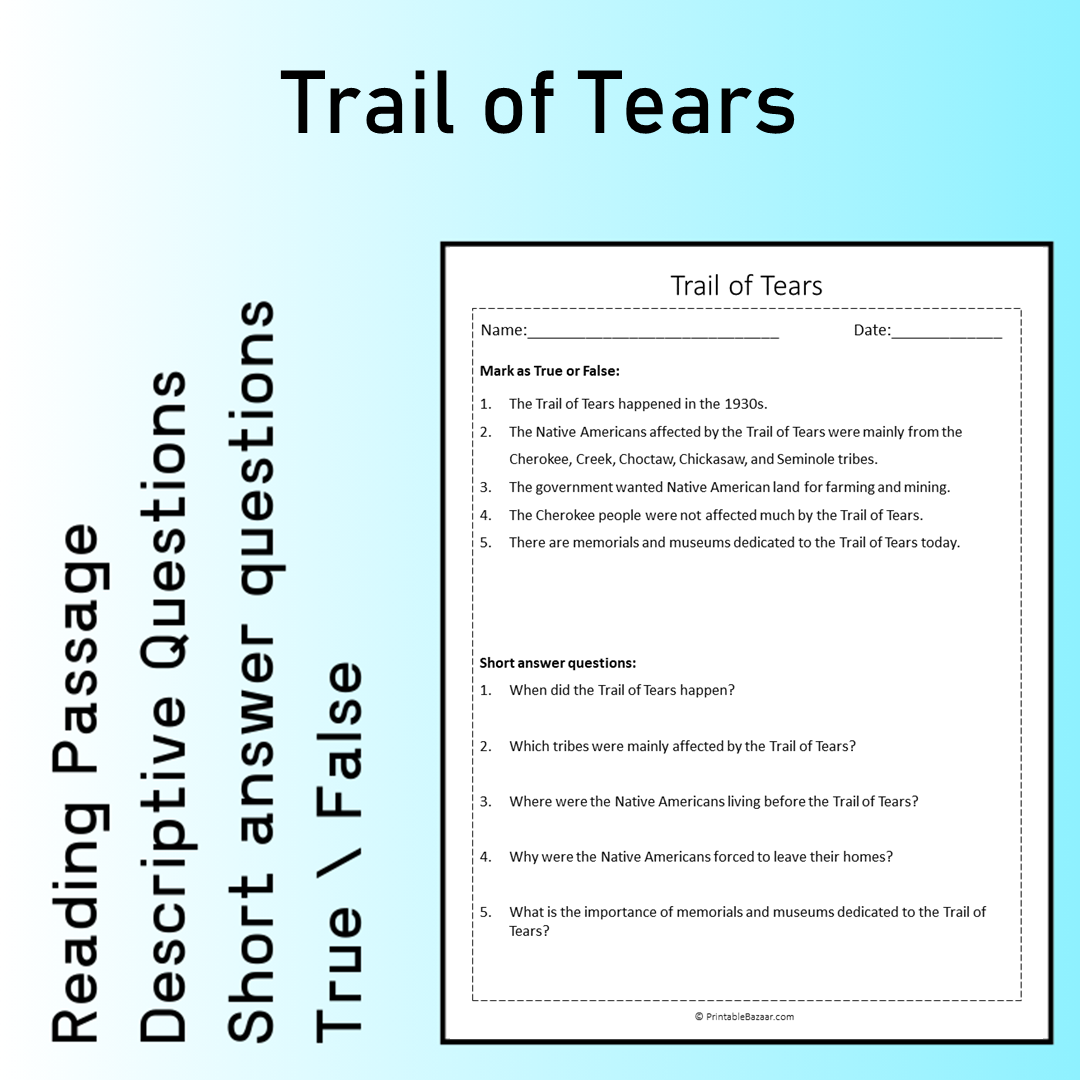 Trail of Tears | Reading Comprehension Passage Printable Worksheet