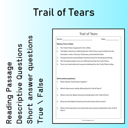 Trail of Tears | Reading Comprehension Passage Printable Worksheet