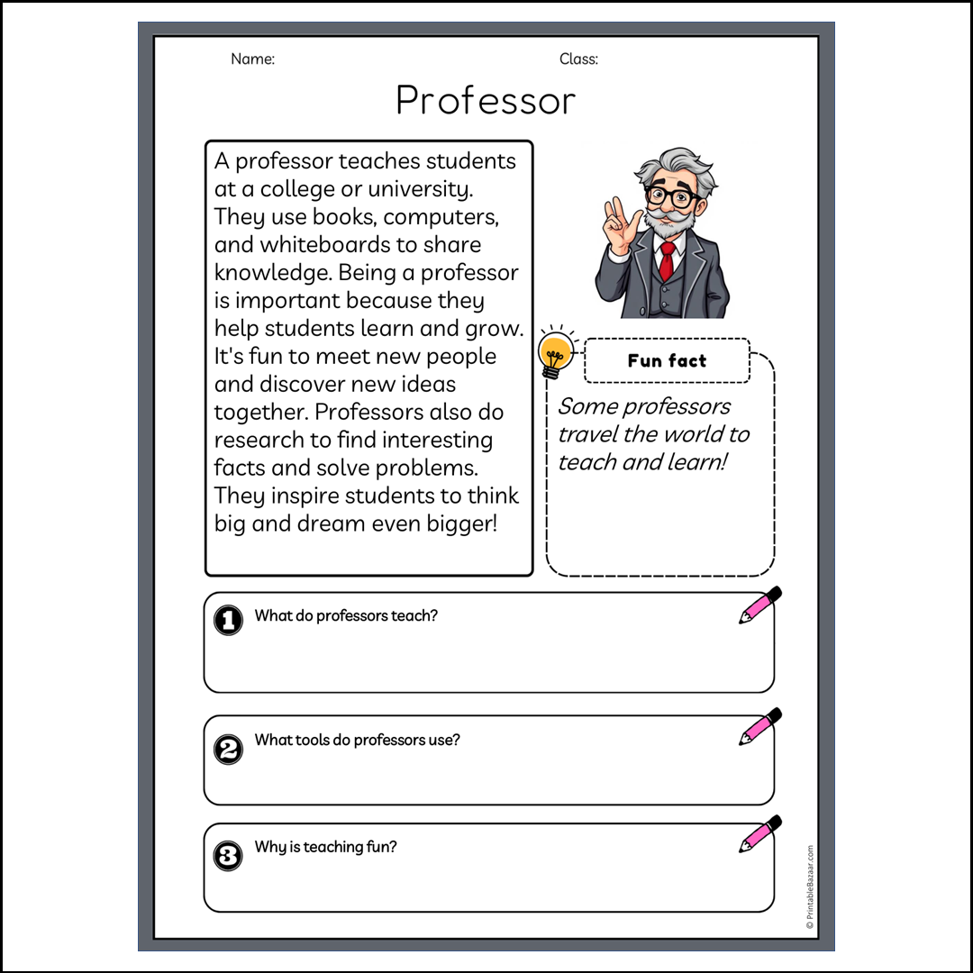 Professor | Reading Passage Comprehension Questions Writing Facts Worksheet