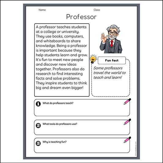 Professor | Reading Passage Comprehension Questions Writing Facts Worksheet