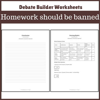 Homework should be banned | Favour and Against Worksheet Printable Activity