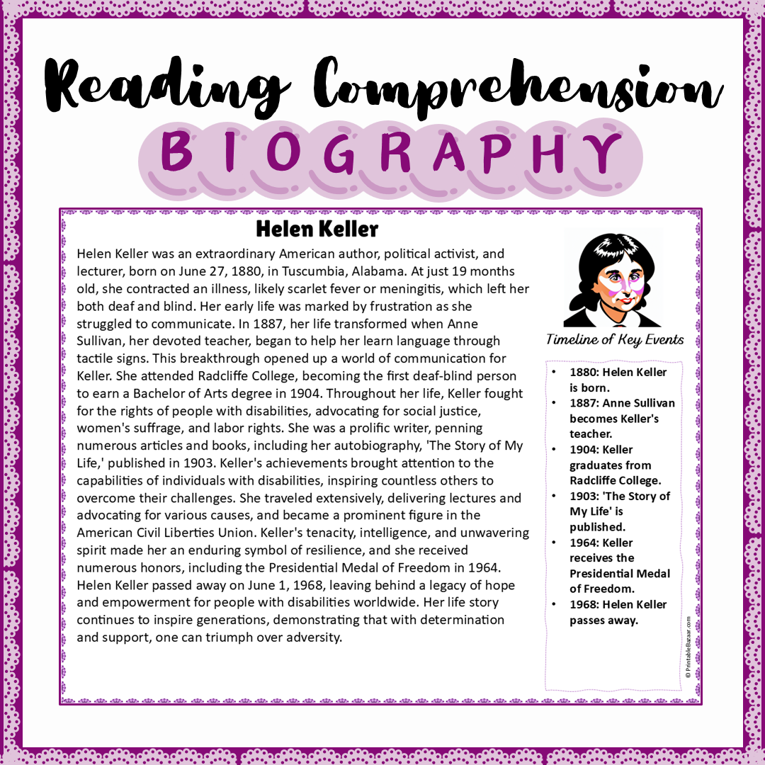 Helen Keller | Biography Reading Comprehension and Questions Worksheet