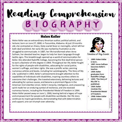 Helen Keller | Biography Reading Comprehension and Questions Worksheet