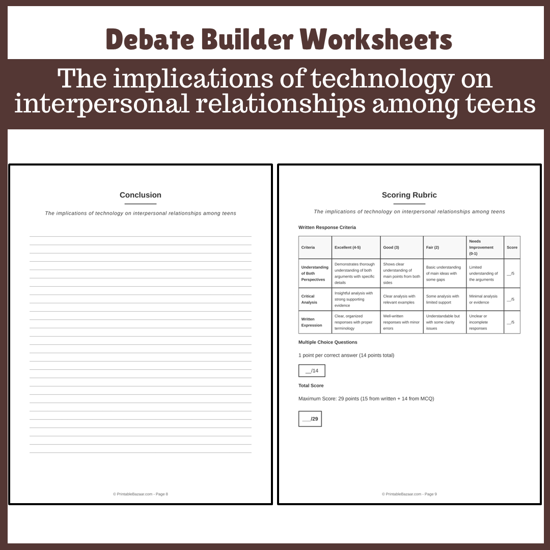 The implications of technology on interpersonal relationships among teens | Favour and Against Worksheet Printable Activity