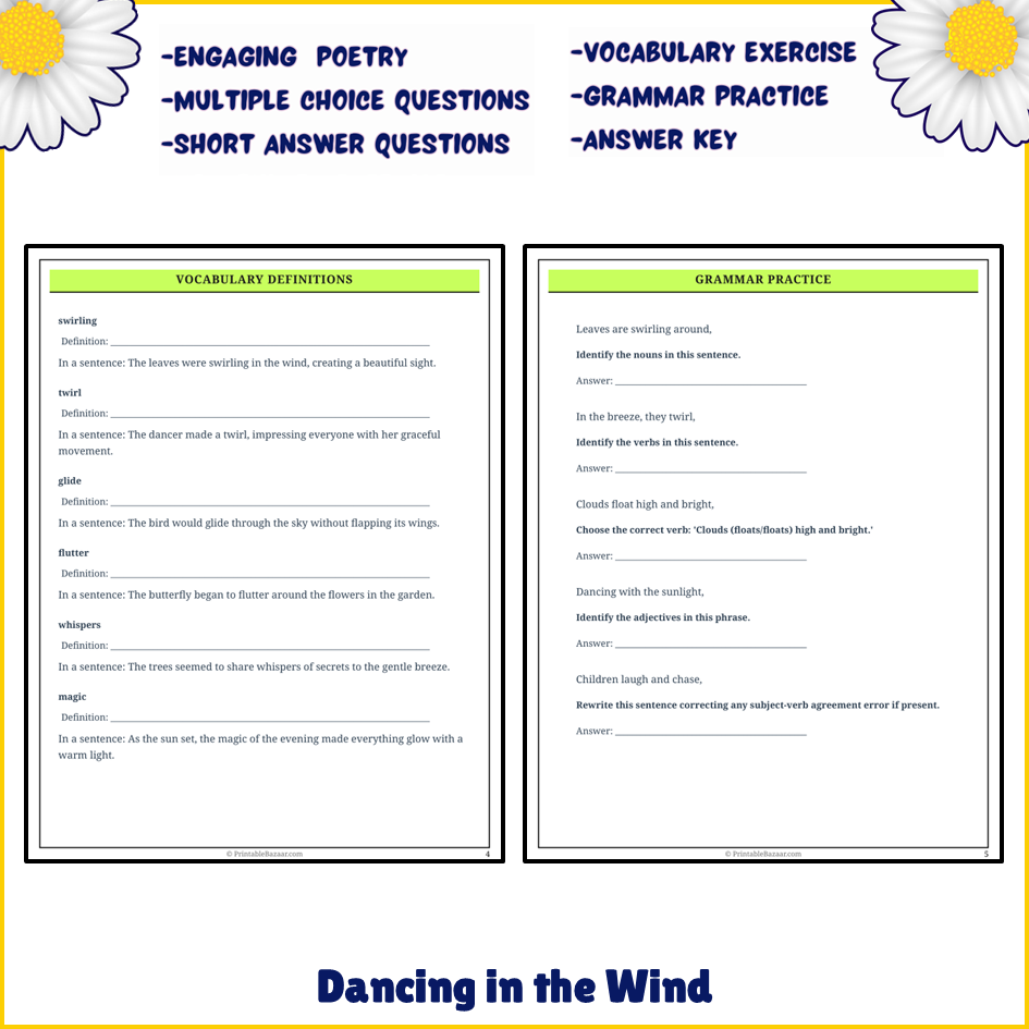 Dancing in the Wind | Poem Grammar Worksheet Printable Activity