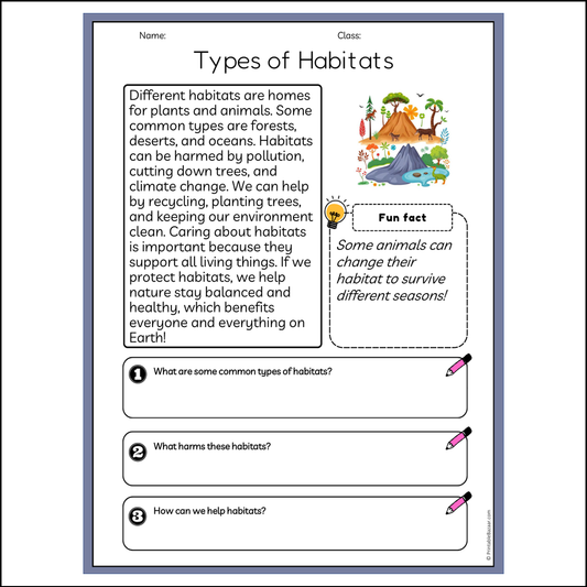 Types of Habitats | Reading Passage Comprehension Questions Writing Facts Worksheet