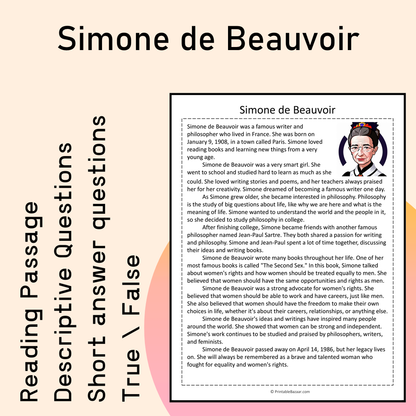 Simone de Beauvoir | Reading Comprehension Passage Printable Activity