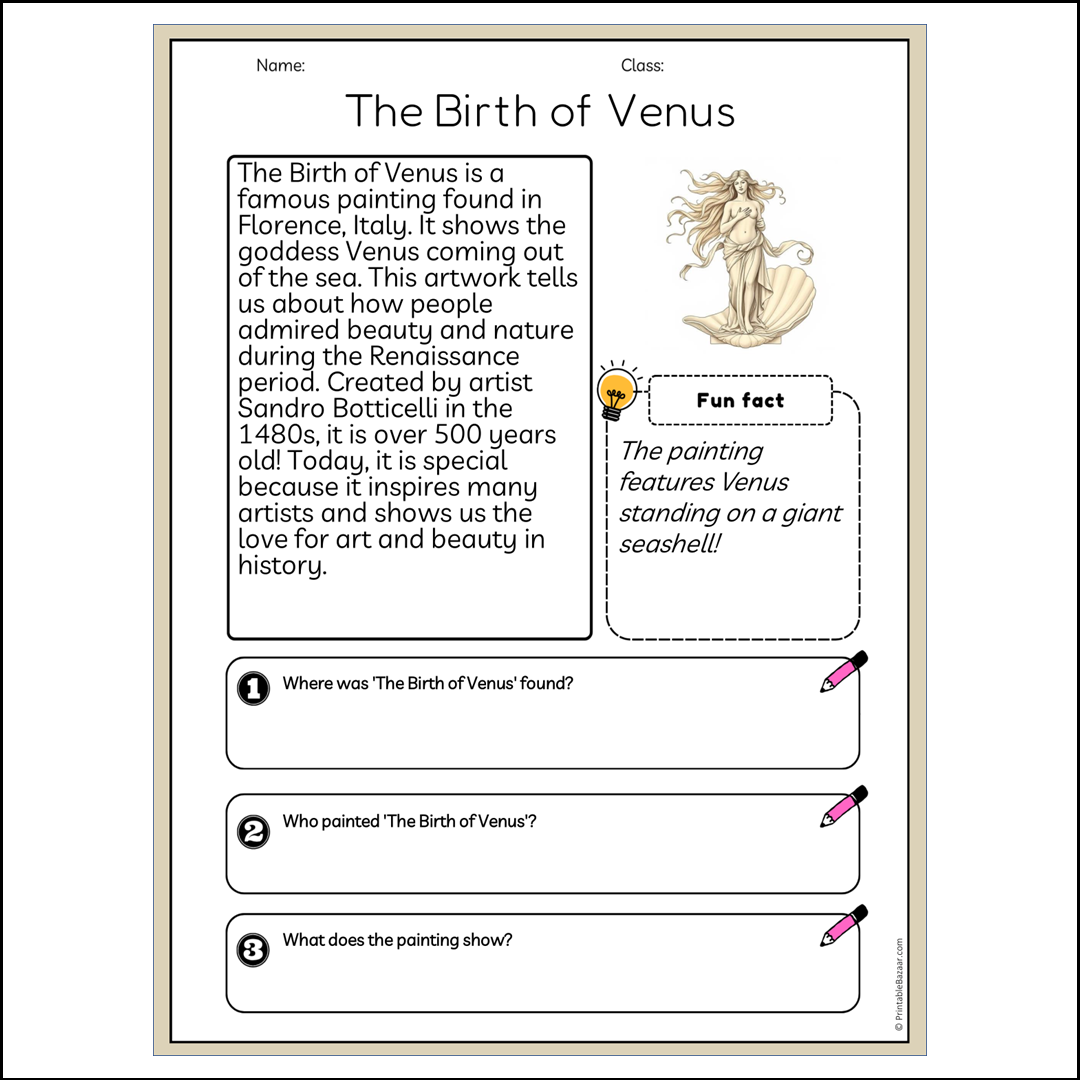 The Birth of Venus | Reading Passage Comprehension Questions Writing Facts Worksheet