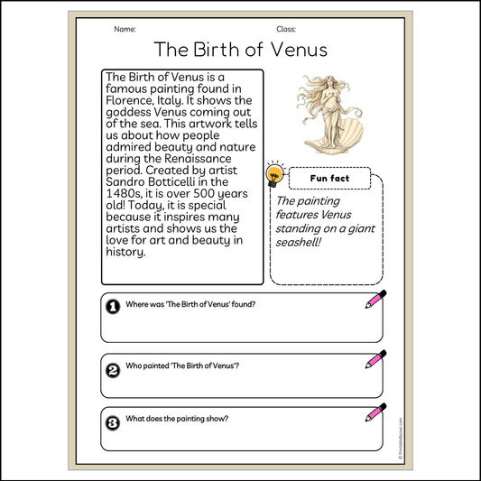 The Birth of Venus | Reading Passage Comprehension Questions Writing Facts Worksheet