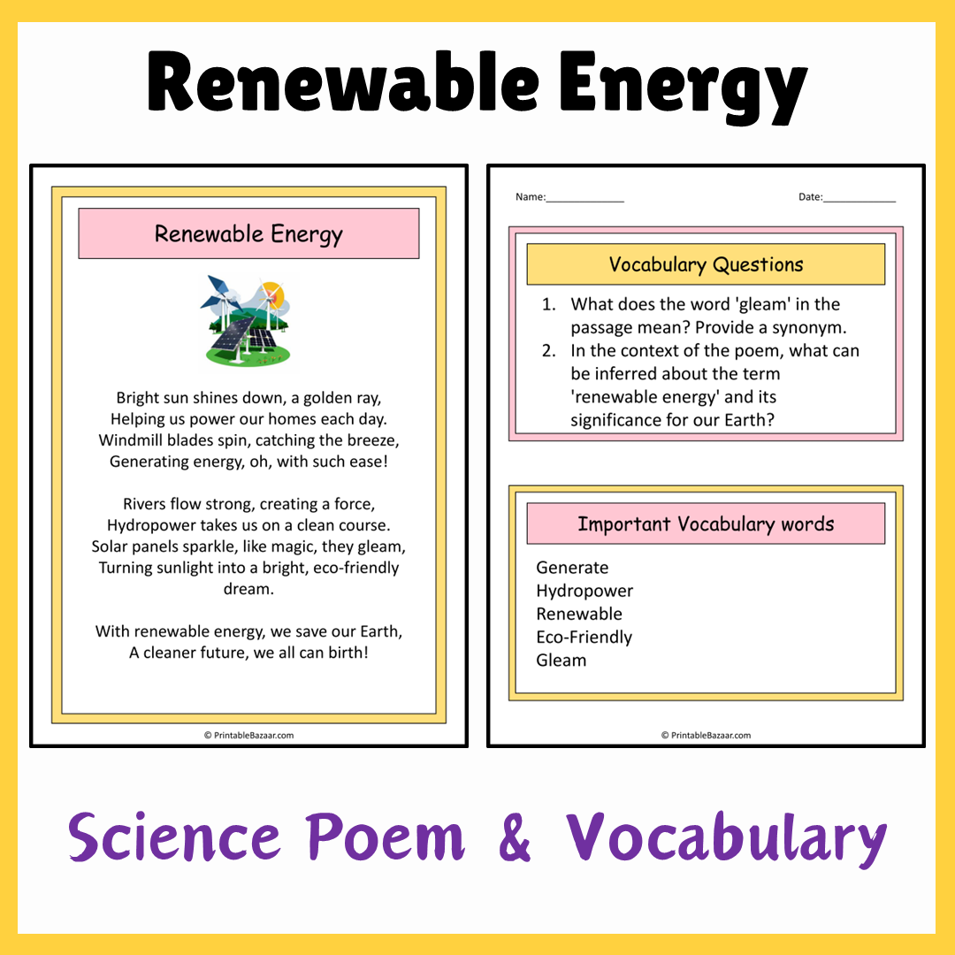 Renewable Energy | Science Poem Reading Comprehension Activity