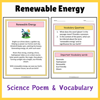 Renewable Energy | Science Poem Reading Comprehension Activity