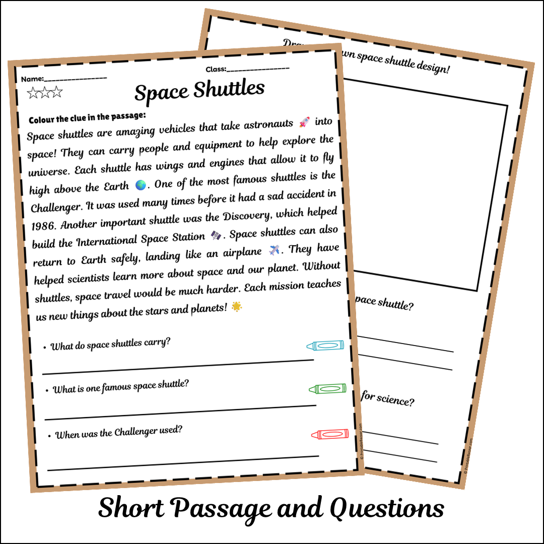 Space Shuttles | Short Reading Comprehension Creative Worksheet