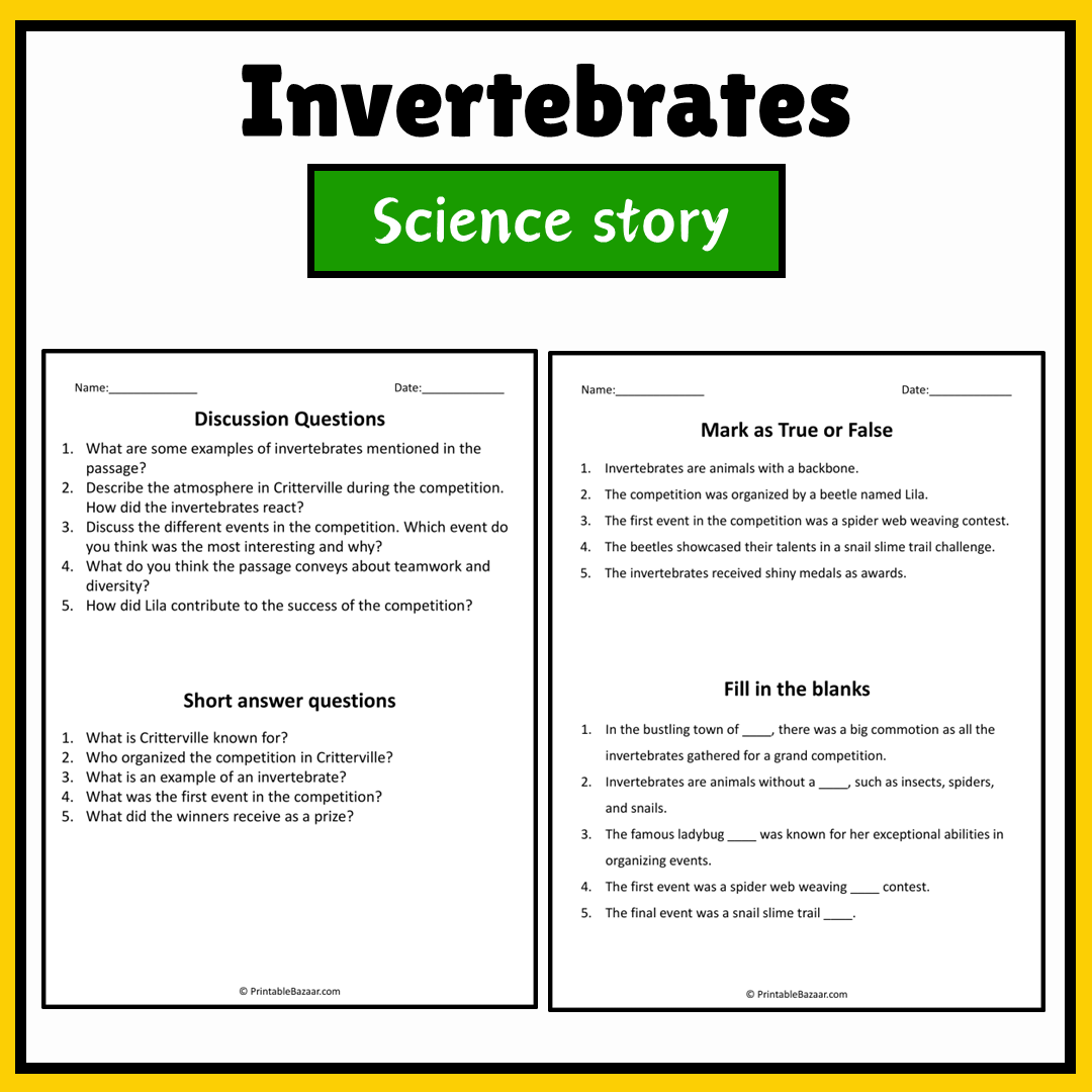 Invertebrates | Science Story Reading Comprehension Activity