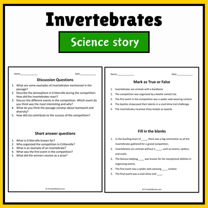 Invertebrates | Science Story Reading Comprehension Activity