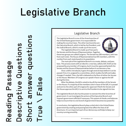 Legislative Branch | Reading Comprehension Passage Printable Worksheet