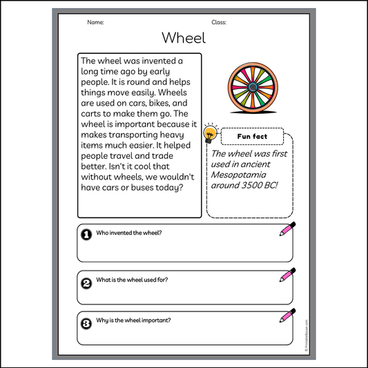 Wheel | Reading Passage Comprehension Questions Writing Facts Worksheet